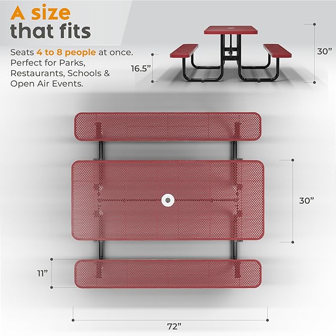 Metal Picnic Furniture for Outdoors with Umbrella Hole - Coated Steel Heavy Duty Commercial Grade Table with Adjustable Seats, Patio Set for a Lifetime (Red, 6' Rectangular, Punched Steel)