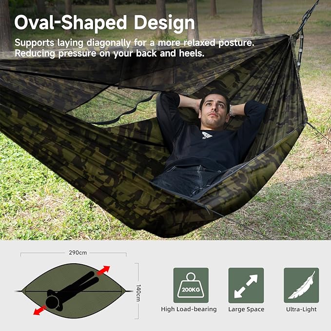 Camping Hammock with Mosquito Net and Sunshade, Backpacking Hammock with Ridge Rope Tree Straps, Lightweight Portable Hammocks for Outside, Hiking, and Travel