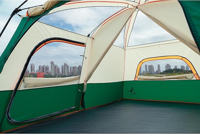 KTT Extra Large Tent 6-10-12-14 Person(Style-B),Family Cabin Tents,2 Rooms,3 Doors and 3 Windows with Mesh,Straight Wall,Waterproof,Double Layer,Big Tent for Outdoor,Picnic,Camping,Family Gathering