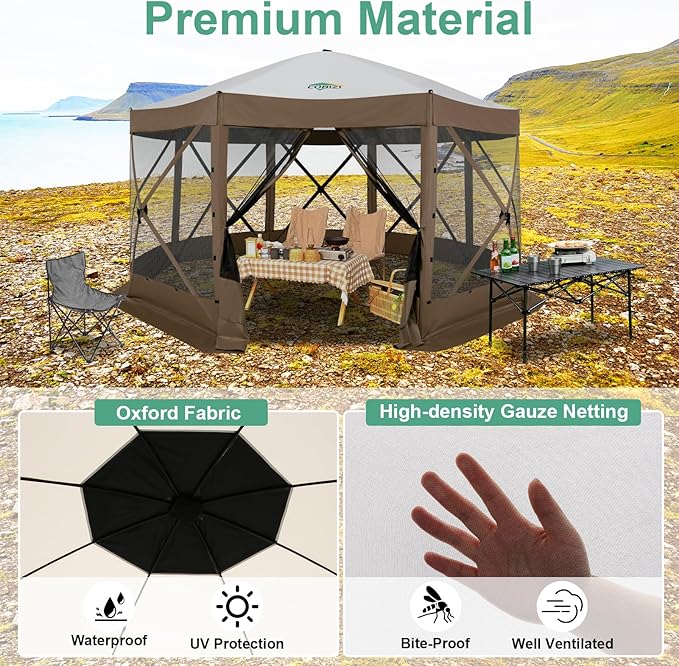 COBIZI 15x15 FT Pop Up Gazebo - Canopy Tent, Large Gazebos On Clearance with Sidewalls, Screened in Gazebo,carpas para Patio,Portable Screen Tents for 12-15 Persons Outdoor Camping, Backyard,Brown