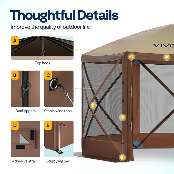 VIVOHOME 12x12ft Pop-Up Gazebo Screen Tent, 6-Sided Instant Outdoor Canopy Shelter with Large Main Door, Wind Panels, and Screens for Outdoor Parties, Camping, Lawn and Backyard