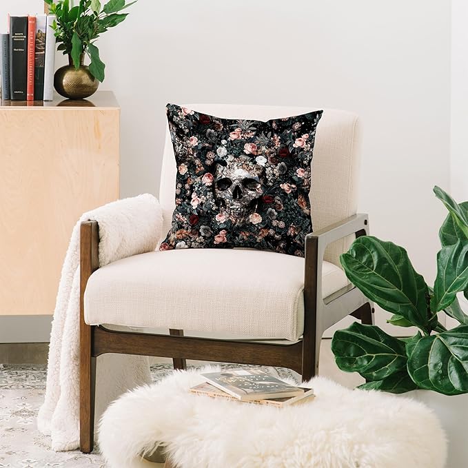 Society6 Skull and Floral Pattern Throw Pillow Insert-Home Decor by Burcu Korkmazyurek, 16" x 16"
