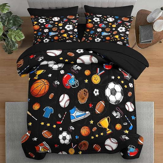 Comforter Set Twin Size, Basketball Football Baseball 5 Pcs Bedding for Kids and Adults, Hockey Soccer Sport Bed Sheet Sets with Fitted Sheet Pillowcase & Sham for Bedroom Bed Decor