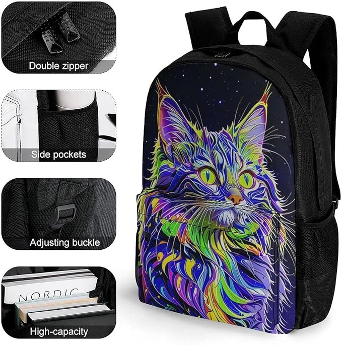 Supdreamc Rucksack Multipurpose Anti-Theft Big Capacity Shoulder Bag, Colorful Trippy Cat Art Travel Hiking Camping Rucksack With Side Pockets