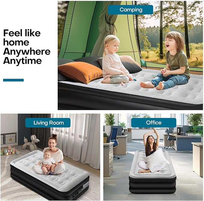 Panana Twin Air Mattress with Built in Electric Pump, Height 18.5" Comfort Blow up Inflatable Guest Air Bed Airbed with Flocked Top, Storage Bag for Family, Home, Camping