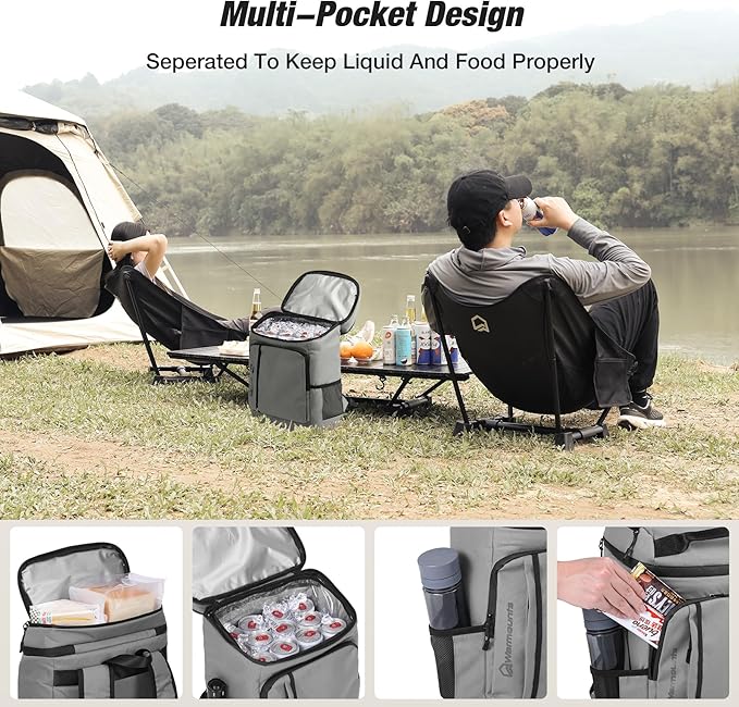 WARMOUNTS Insulated Waterproof Cooler Backpack 36 Cans, Soft Sided Ice Chest Cooler w/Leak Proof Liner, 5-Layer Insulation Portable Lunch Backpack for Camping, Beach, Fishing, Picnic, Travel (Gray)