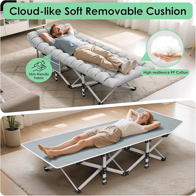 Suteck Camping Cot, Folding Camping Cot Bed for Adults Sleeping 1200D Double Layer Oxford Portable Folding Outdoor Cots for Camping W/Soft Pad Carry Bag for Home Office Nap Beach Travel, 500LBS,Grey