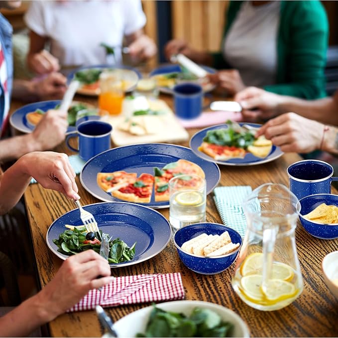 Nuogo 48 Pcs Enamel Camping Tableware Includes 12 oz Coffee Mugs 10.5 Inch Camping Plates 6 Inch Bowls and Utensils Set Includes Knife Fork Spoon for Outdoor RV(Blue)