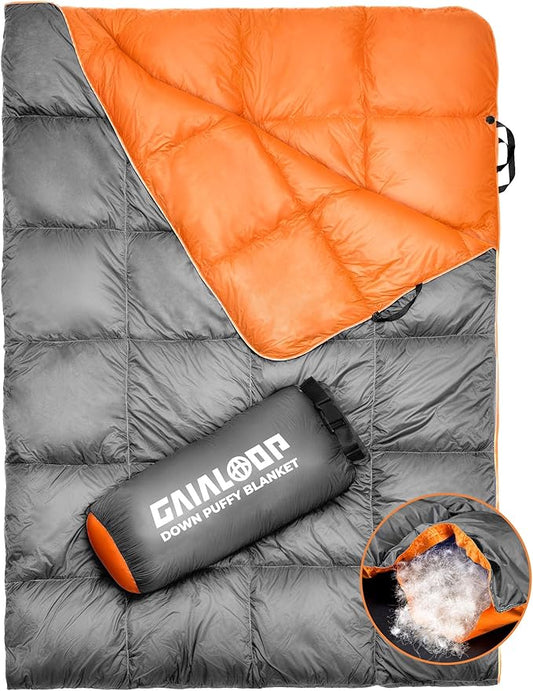 Down Puffy Blanket for Car Camping Outdoor Travel Backpacking, Duck Down Lightweight Portable Soft Warm Cozy Camping Blanket Quilt, 53"x78", Light Gray