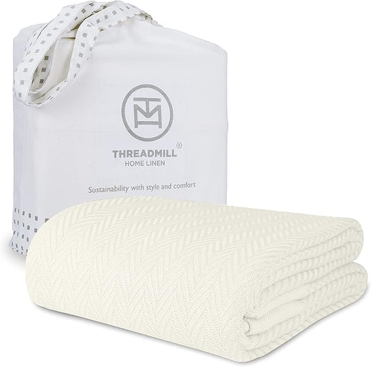 Threadmill Luxury Cotton Blankets for Queen Size Bed | All-Season 100% Cotton Queen Size Blanket | Herringbone Cozy, Soft Breathable Fall Thermal Blanket fits Full Size Bed | Tusk White