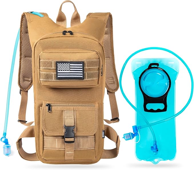 Hydration Backpack, Tactical Molle Water with 2L TPU Water Bladder, for Men Women Lightweight Water Backpack, Hydration Pack for Hiking, Biking, Climbing and Hunting, Khaki