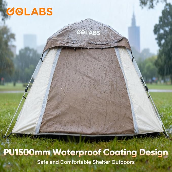 Golabs 3-4 Person Instant Camping Tent, 1-Minute Setup by Pre-Attached Pole, PU1500mm Waterproof, 4 Side Mesh & Door Ventilation with Large Canopy, Pop-up Tent with Carry Bag, Pocket & Hook for Family