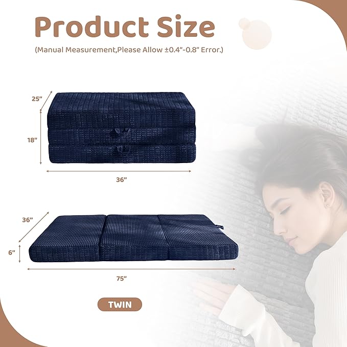 BYBYME Memory Foam Tri-Folding Mattress, 6 Inch Gel Folding Mattress Topper, Foldable Soft Guest Bed Camping Pad, with Washable Cover
