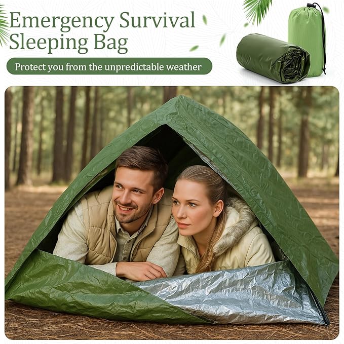 Mixweer 12 Pcs Emergency Sleeping Bag Portable Survival Thermal Bivy Sack Lightweight Emergency Shelter for Homeless People Waterproof Bivy Bag for Camping Hiking Adventure Outdoor, Green