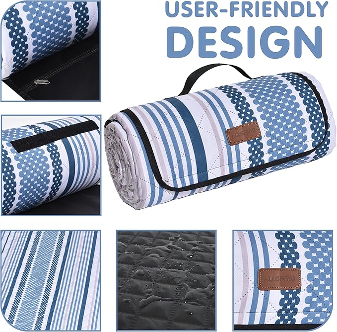 Oversized Waterproof Picnic Mat, Suitable for Camping, Outdoor, Beach, Party and Concert. (Dark Blue & Light Blue, 80" * 80")