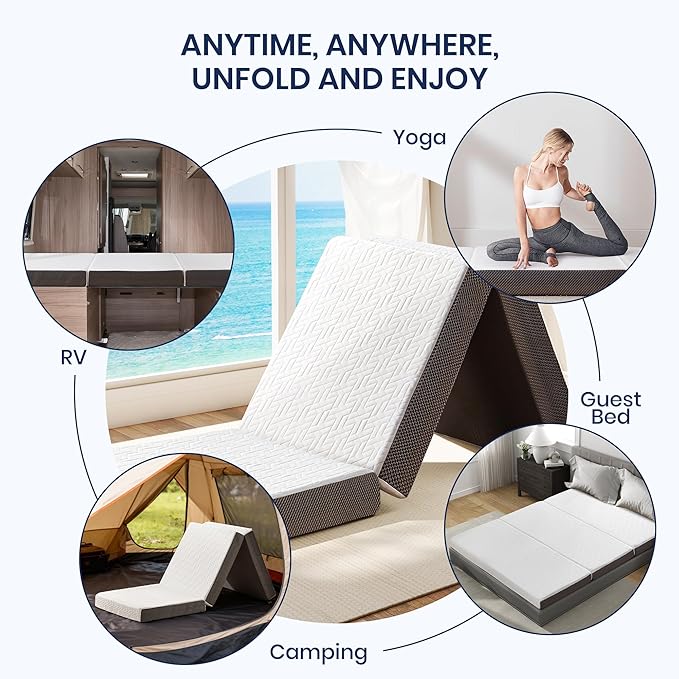 Hanherry 4 Inch Foldable Mattress Single Size, Tri-Folding Portable Memory Foam Topper Floor Bed with Storage Bag, Washable Cover for Travel, Camping, RV, Guest