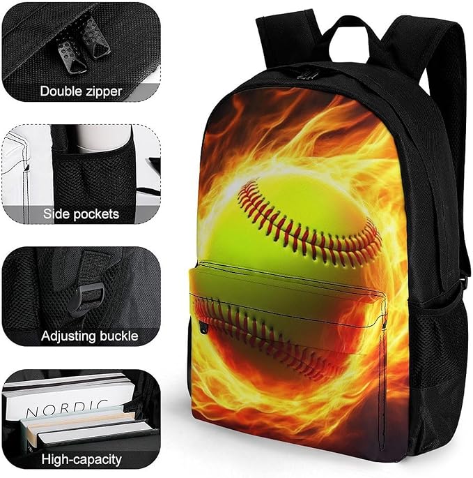 Men Women Lightweight Fire Flame Softball Baseball Ball Casual Daypack Large Capacity Bookbag With Adjustable Shoulder Straps for Gym Business Bicycle