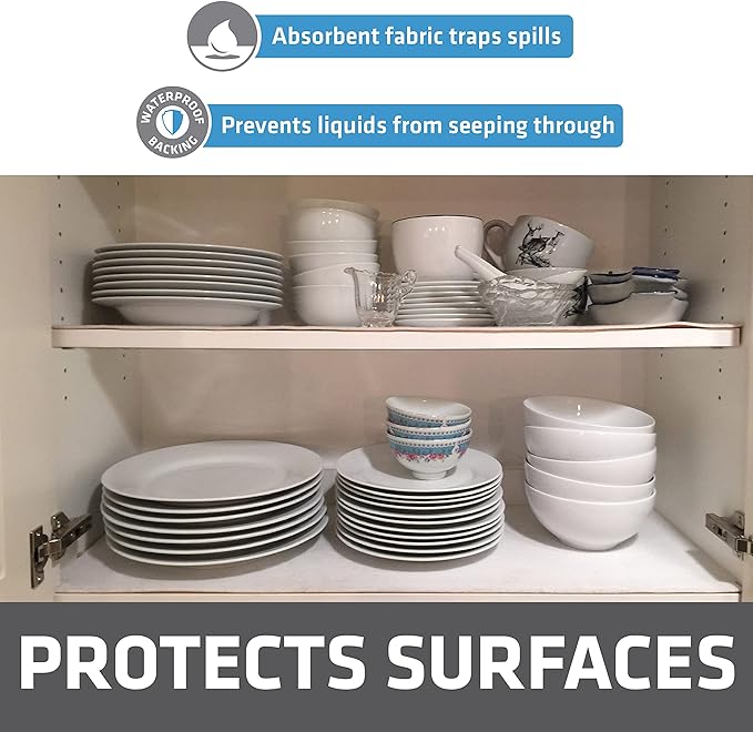 Drymate Premium Luxury Shelf & Drawer Liner, Thick Cushioned Fabric, Non-Adhesive, Absorbent, Waterproof, Slip-Resistant, Liners for Kitchen Cabinets, Cupboards (USA Made)(12”x59”)(2-Pack)(White)