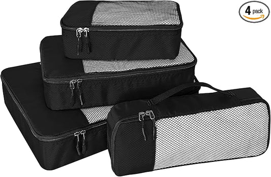 4-Piece Packing Cubes Travel Accessories Set for Suitcases - Luggage Organizer Bags with Double Zipper - Mesh Top - Small/Medium/Large/Slim - Black