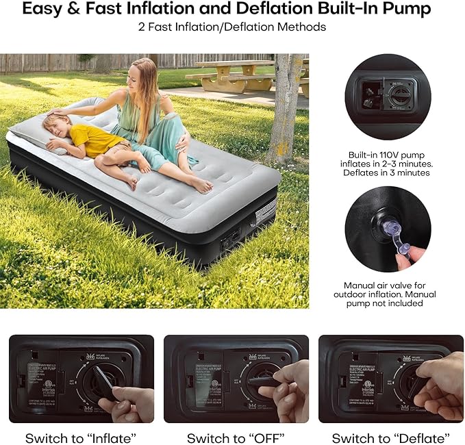 Panana Twin Air Mattress with Built in Electric Pump, Height 18.5" Comfort Blow up Inflatable Guest Air Bed Airbed with Flocked Top, Storage Bag for Family, Home, Camping