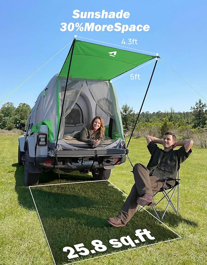JOYTUTUS Inflatable Truck Bed Tent 5.5-6.5FT with Awning, Includes Air Pump for Quick 30S Setup, Dual-use Pickup or Camping Tent for 2 Person, Truck Tent with Waterproof Roof Shade and 3 Windows