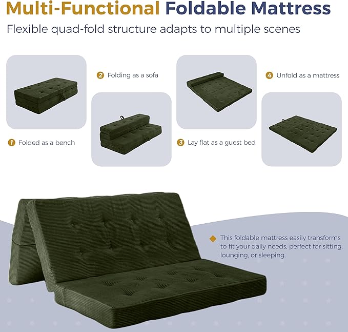 MAXYOYO Folding Mattress, 4 Inch Tufted Foldable Mattress Full Foam Bed, Tri-Fold Floor Couch with Handles Guest Bed Topper Portable Camping Mat with Corded Fabric, Queen Size, Dark Green