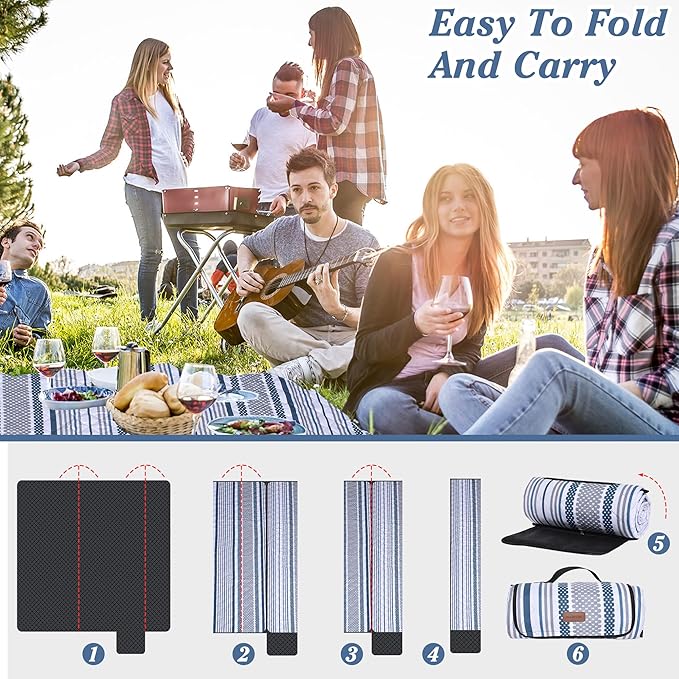 Oversized Waterproof Picnic Mat, Dustproof Washable Outdoor Beach Mat. Suitable for Camping, Outdoor, Beach, Party and Concert (Dark Blue & Gray, 80" x 60")