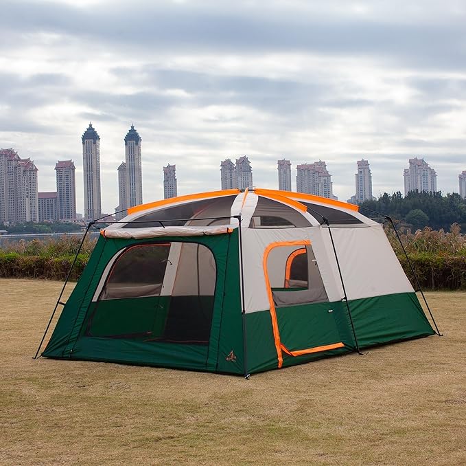 KTT Extra Large Tent 6-10-12-14 Person(Style-B),Family Cabin Tents,2 Rooms,3 Doors and 3 Windows with Mesh,Straight Wall,Waterproof,Double Layer,Big Tent for Outdoor,Picnic,Camping,Family Gathering