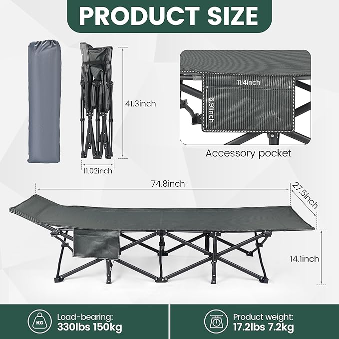 Oversized XXL Folding Camping Cot W/Mattress, 75" L x 27.5" W x 14" H, Heavy Duty Portable Cot for Adults with Carry Bag – Durable 1200D Oxford Fabric for Camping, Travel, Home, or Office