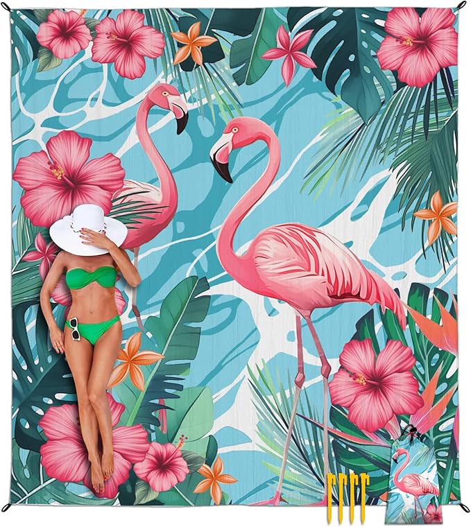 Beach Blanket Waterproof Sandproof, Flamingo Oversized Extra Large Picnic Mat 83"×95"/8 × 7 FT for 1-7 Adults for Travel Camping Hiking, Quick Drying Lightweight Outdoor Beach Vacation Essentials