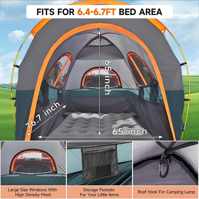 Umbrauto Truck Bed Tent with Awning: 6.4-6.7FT PU3000mm Waterproof Tailgate Pickup Truck Tents, Easy Set-up for 2 Person, Fits Full Size Short Bed, Chevy, Dodge, Ford, GMC, Green