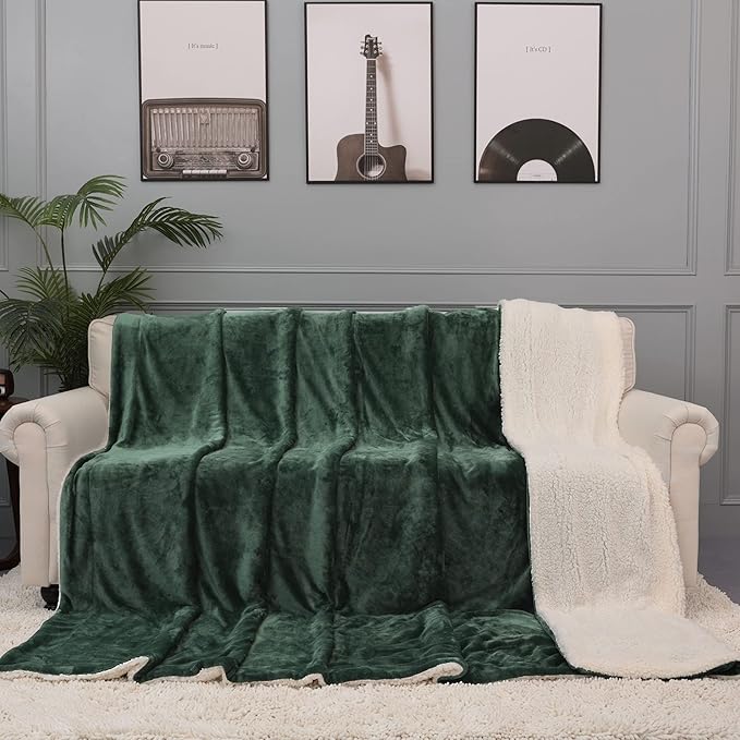 NANPIPER King Size Sherpa Blanket, Soft Fleece Throw for Bed, Reversible Thick Fuzzy Blanket for Winter (Olive Green, 90x108 inches)