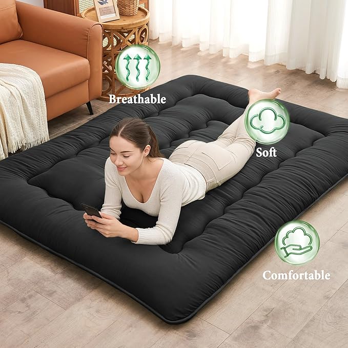 DAICO Japanese Floor Mattress, 4'' Thicken Futon Mattress Tatami Mat, Sleeping Pad Foldable Roll Up Mat for Camping and Guest Room, Queen Size 60''*80'', Black