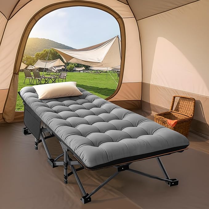 ABORON Folding Camping Cot W/Mat for Adults, Heavy Duty Outdoor Bed with Carry Bag,1200 D Layer Oxford Travel Camp Cots