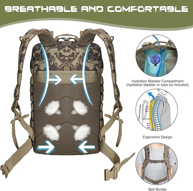 WOLT Military Tactical Backpack for Men 45L Molle Backpack 3 Day Assault Pack Bug Out Bag, Heavy Duty Rucksack for Hiking Gym, Camouflage Khaki
