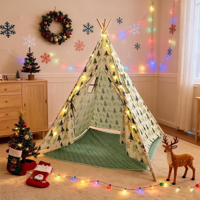 Forest Teepee Tent for Kids Indoor & Outdoor Play Tent Playhouse with Mat&Light, Peach-Skin Fabric, Solid Pine Poles, Nature-Inspired Hideaway Toddler Tents for Boys & Girls,Kids Room Decor Sleepover
