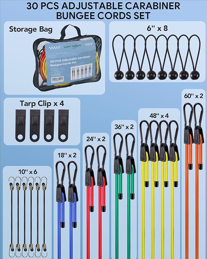 30 Pcs Adjustable Carabiner Bungee Cords Assorted Sizes, Includes 18'' 24'' 36'' 48'' 60" Bungee Straps with Hooks, 10" Mini Bungee Cord, 6" Ball Bungees and Tarp Clips, Great for Cargo, Bike, Cart