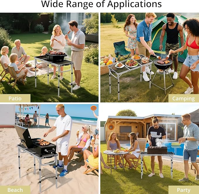 3ft Folding Grill Table with Storage Bag, 3 Adjustable Height 27.5" Aluminum Portable Grill Table, Heat Resistant, Lightweight, Portable Handle for BBQ Cooking Camping Travel, 35" X 16", Silver