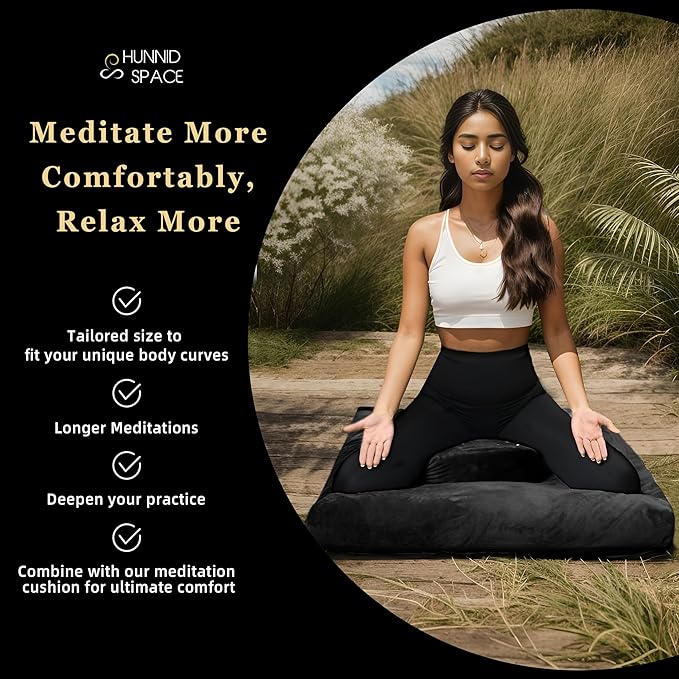 Meditation Zafu Cushion Set with Buckwheat Hulls & Memory Foam - Ergonomic Support for Yoga & Sitting - Removable Machine-Washable Luxury Velvet Cover - for Adults and Kids (Black)