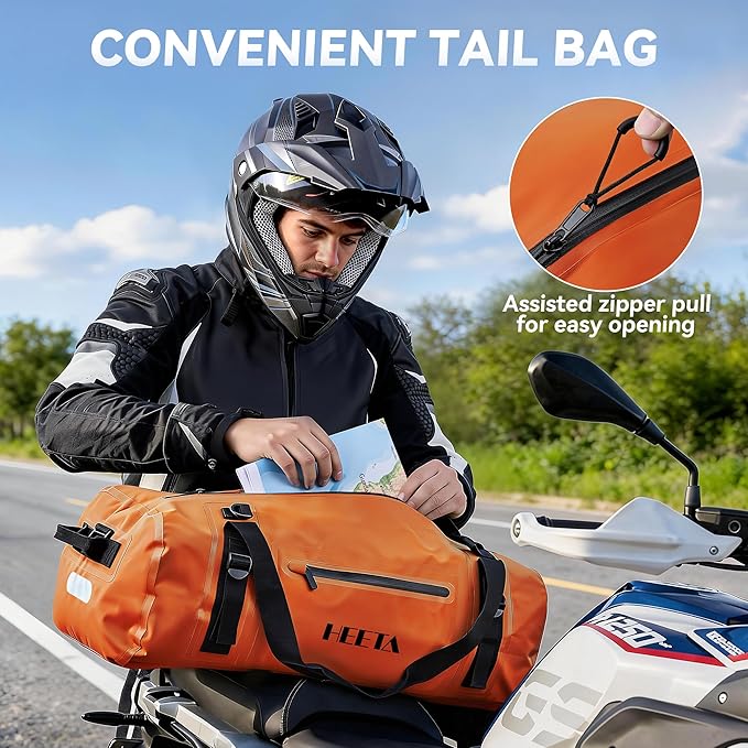 HEETA Waterproof Motorcycle Dry Bag, Waterproof Duffel Luggage Travel Bags with Zippered Closure & Pocket, Shoulder Straps, Large Space for Motorcycling Camping Commuting Boating (Orange, 30L)