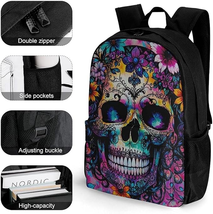 Supdreamc Lightweight Daypack Bookbag for Trekking Business Walking Cycling, Big Capacity Anti-Theft Multipurpose Carry On Bag, Indain Mandala Sugar Skull Business Computer Bag