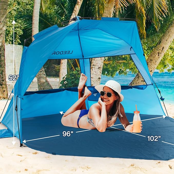 LEEDOR® Beach Tent Sun Shelter Instant Beach Umbrella with UPF 50+ UV Portable Windproof Pop Up Shade for 3 to 4 Person for Family Patent Pending