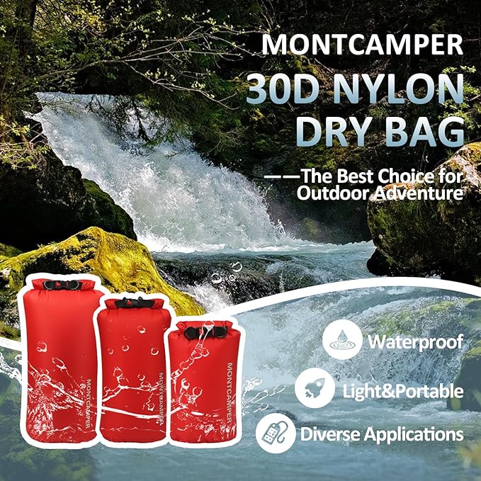 Waterproof Dry Bag 3-Pack (5L + 10L + 20L) – 30D Nylon Roll Top Dry Sacks with DWR & PU Coating, Lightweight Water-Resistant Storage for Kayaking, Camping, Hiking, Fishing & Beach (Red)