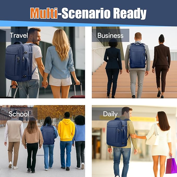 Expandable Carry On Backpack 40L-50L, Large Travel Weekender Bag with Waterproof Wet Pocket, Anti-Theft TSA 18 Inch Laptop Rucksack for Men Women Flight Approved Business, Blue