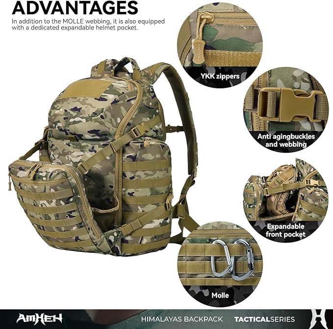52L Tactical Backpack - 1050D 72 Hour Bug Out, 17" Laptop Compartment, Helmet Pocket and MOLLE for Survival Emergency (Camo)