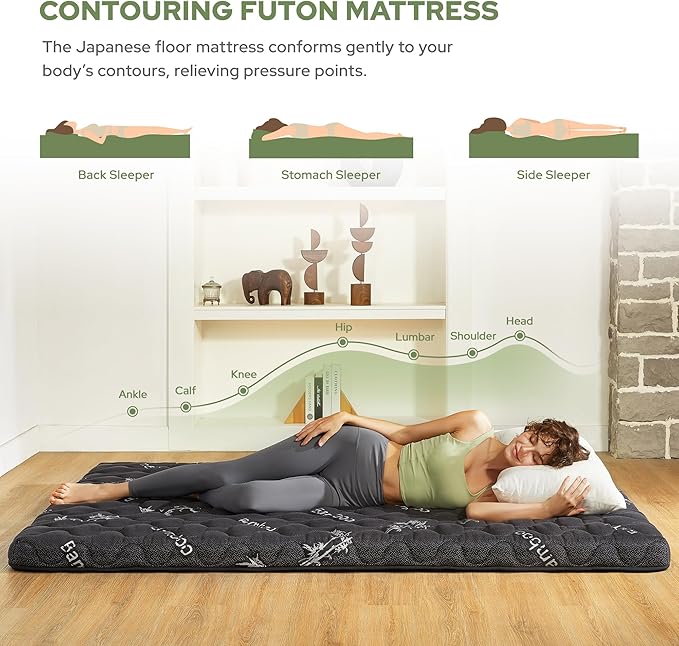 Japanese Floor Mattress Futon Mattress Twin Size Viscose Derived from Bamboo, 3" Thick Tatami Mat with High Density Foam, Foldable & Portable Floor Lounger Bed, Roll Up Sleeping Pad, Guest Room