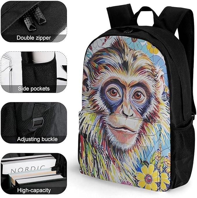 Supdreamc Men Women Polyester Colorful Animal Monkey Flower Casual Daypack Large Capacity Carry On Bag With Adjustable Shoulder Straps for Camping Work Running