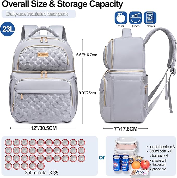 Lunch Backpack Insulated Coolers Backpacks - Lunch Bag for Women Double Decker Lunch Box, Leakproof Lunchbag Large Lunchbox Back Pack Lunch Cooler Bag for Picnic Beach Camping Work