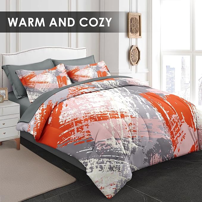 Comforter Set King Size, Urban Graffiti Orange Grey 7 Pcs Bedding for Kids and Adults, Abstract Paint Line Bed Sheet Sets with Fitted Sheet 2 Pillowcase & 2 Sham for Bedroom Bed Decor