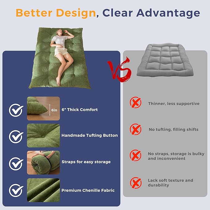 MAXYOYO Floor Mattress Full Size, 6" Chenille Japanese Futon Mattress Foldable Floor Bed for Adults Tufted Roll Up Floor Couch Bed, Tatami Mat Sleeping Pad for Living Room, Bedroom, Green